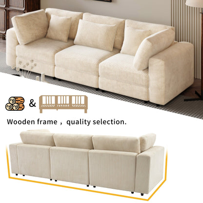 Beige 105 Corduroy Upholstered 3-seater Sofa with Removable Back Cushions and 5 Pillows for Living Room
