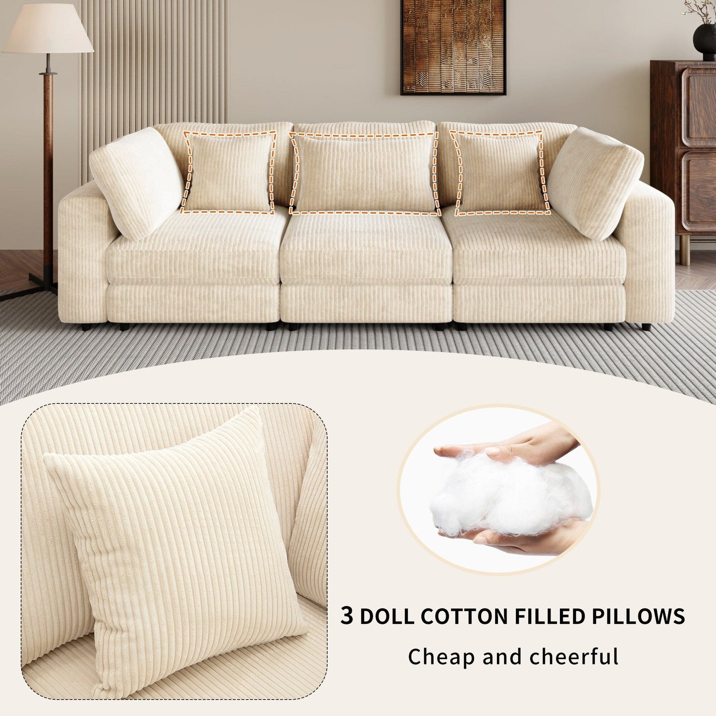 Beige 105 Corduroy Upholstered 3-seater Sofa with Removable Back Cushions and 5 Pillows for Living Room