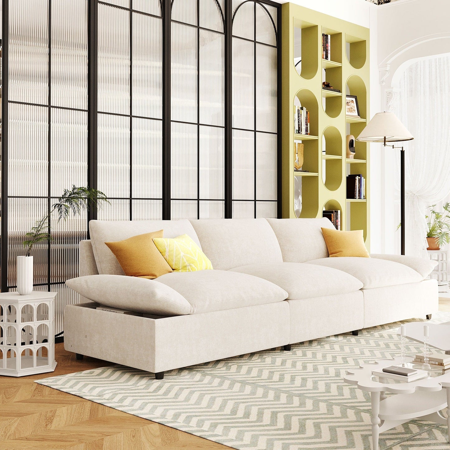 Beige 119.5 Large Polyester 3-seater Sofa with 2 Storage Units and Rubber Wood Legs for Living Room