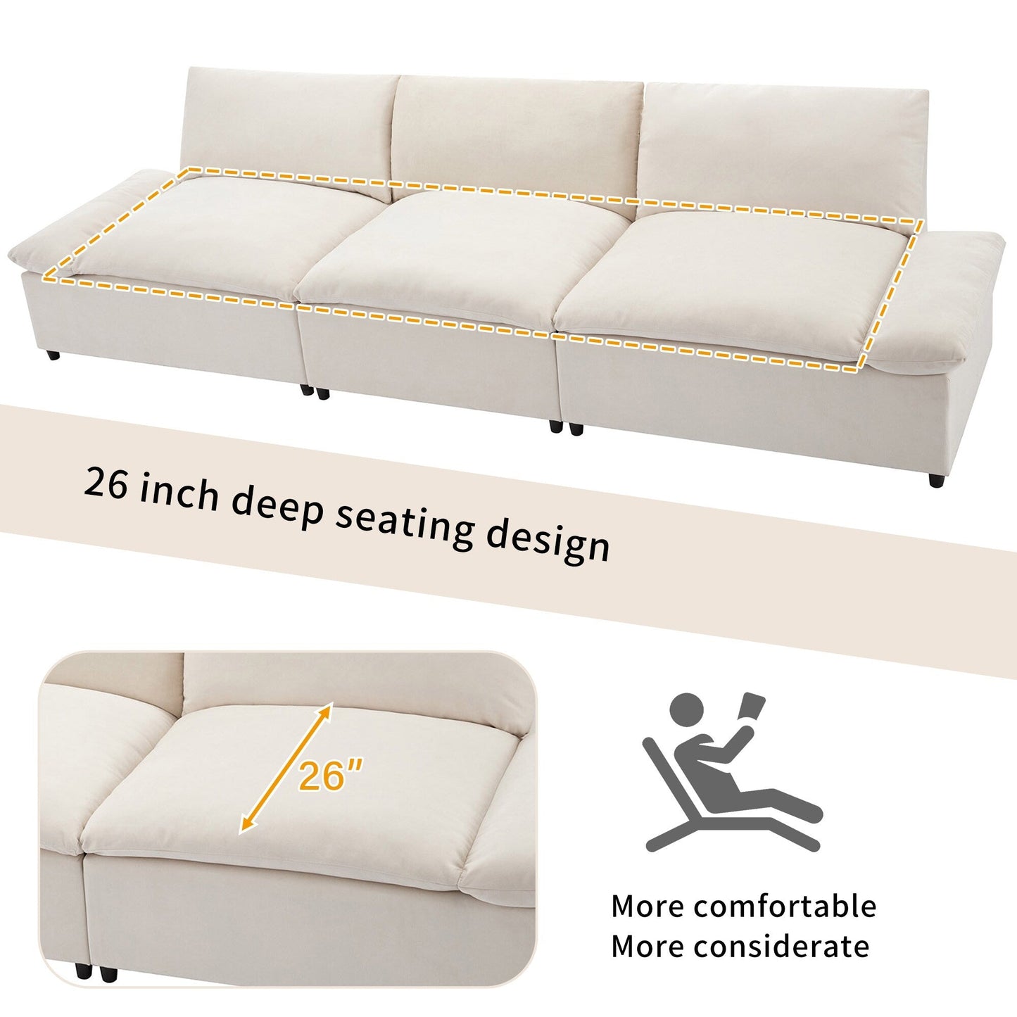 Beige 119.5 Large Polyester 3-seater Sofa with 2 Storage Units and Rubber Wood Legs for Living Room