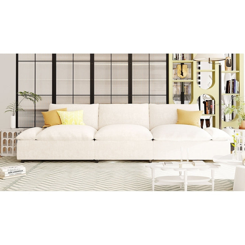 Beige 119.5 Large Polyester 3-seater Sofa with 2 Storage Units and Rubber Wood Legs for Living Room