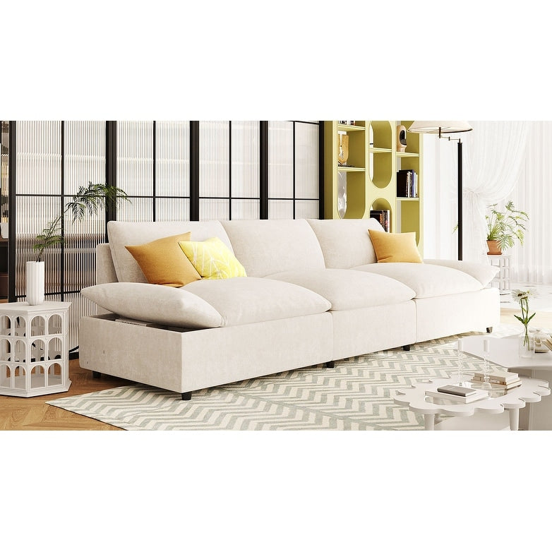 Beige 119.5 Large Polyester 3-seater Sofa with 2 Storage Units and Rubber Wood Legs for Living Room