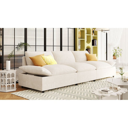 Beige 119.5 Large Polyester 3-seater Sofa with 2 Storage Units and Rubber Wood Legs for Living Room