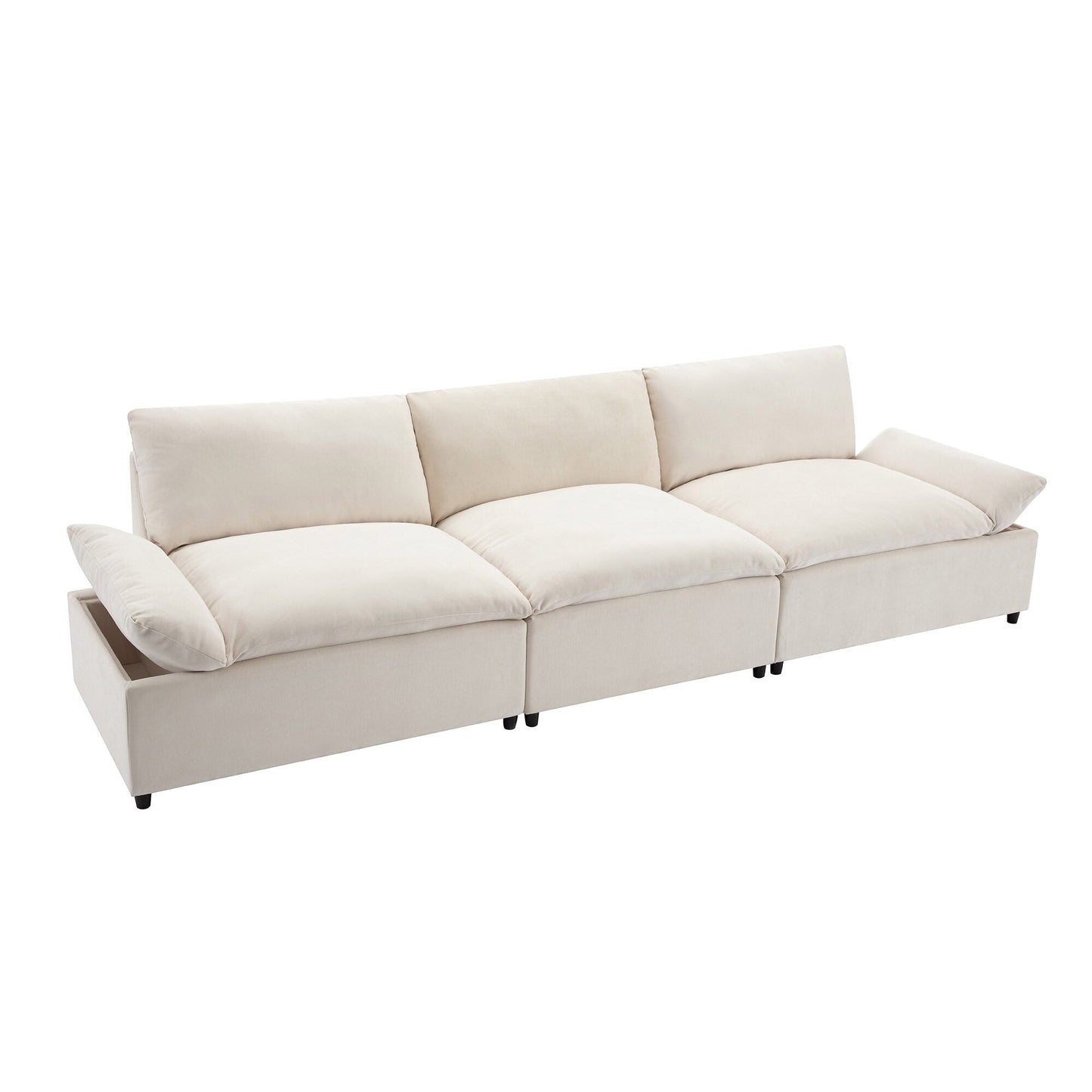 Beige 119.5 Large Polyester 3-seater Sofa with 2 Storage Units and Rubber Wood Legs for Living Room