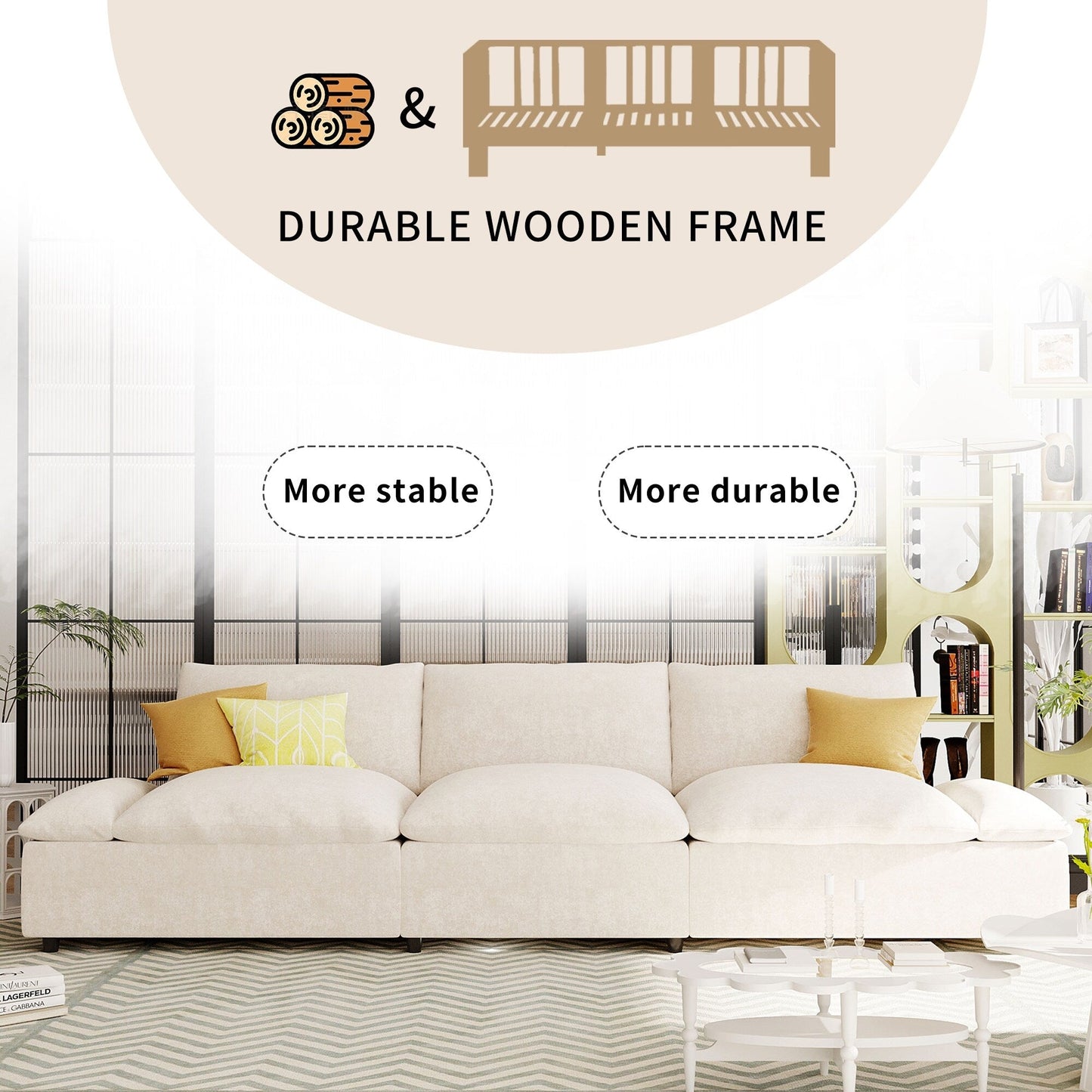 Beige 119.5 Large Polyester 3-seater Sofa with 2 Storage Units and Rubber Wood Legs for Living Room