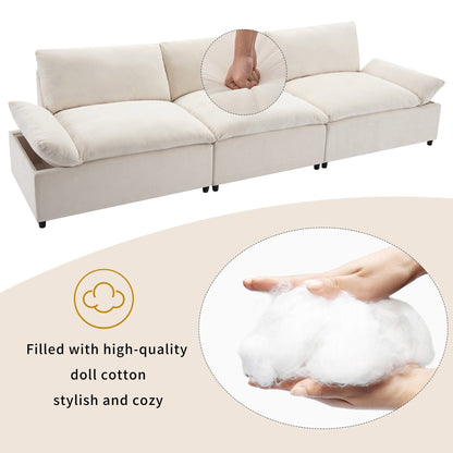 Beige 119.5 Large Polyester 3-seater Sofa with 2 Storage Units and Rubber Wood Legs for Living Room