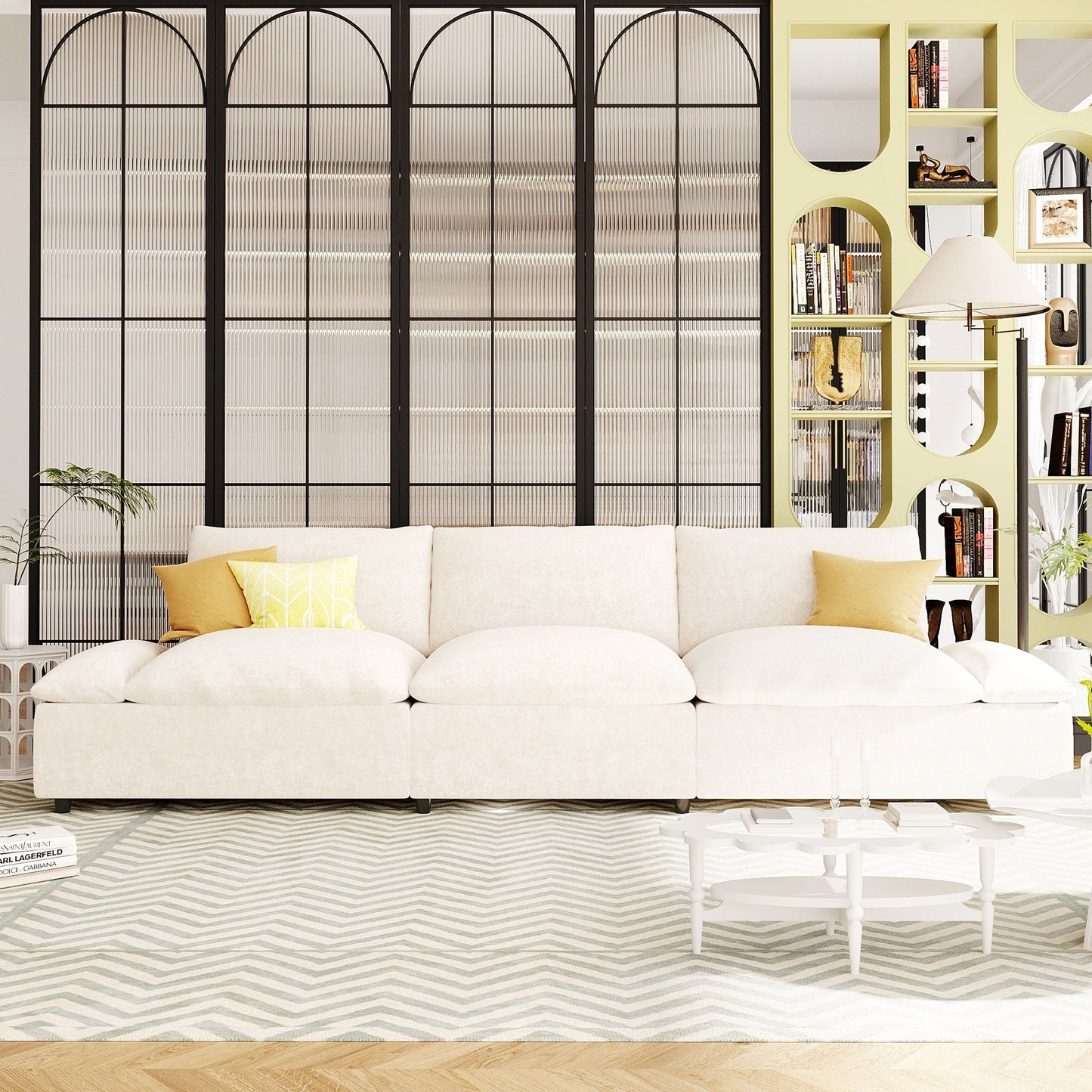 Beige 119.5 Large Polyester 3-seater Sofa with 2 Storage Units and Rubber Wood Legs for Living Room