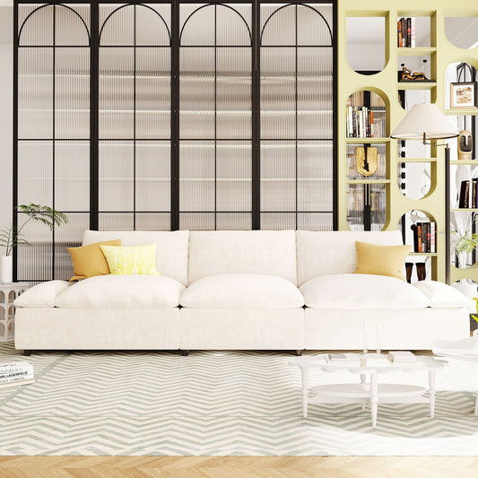 Beige 119.5 Large Polyester 3-seater Sofa with 2 Storage Units and Rubber Wood Legs for Living Room