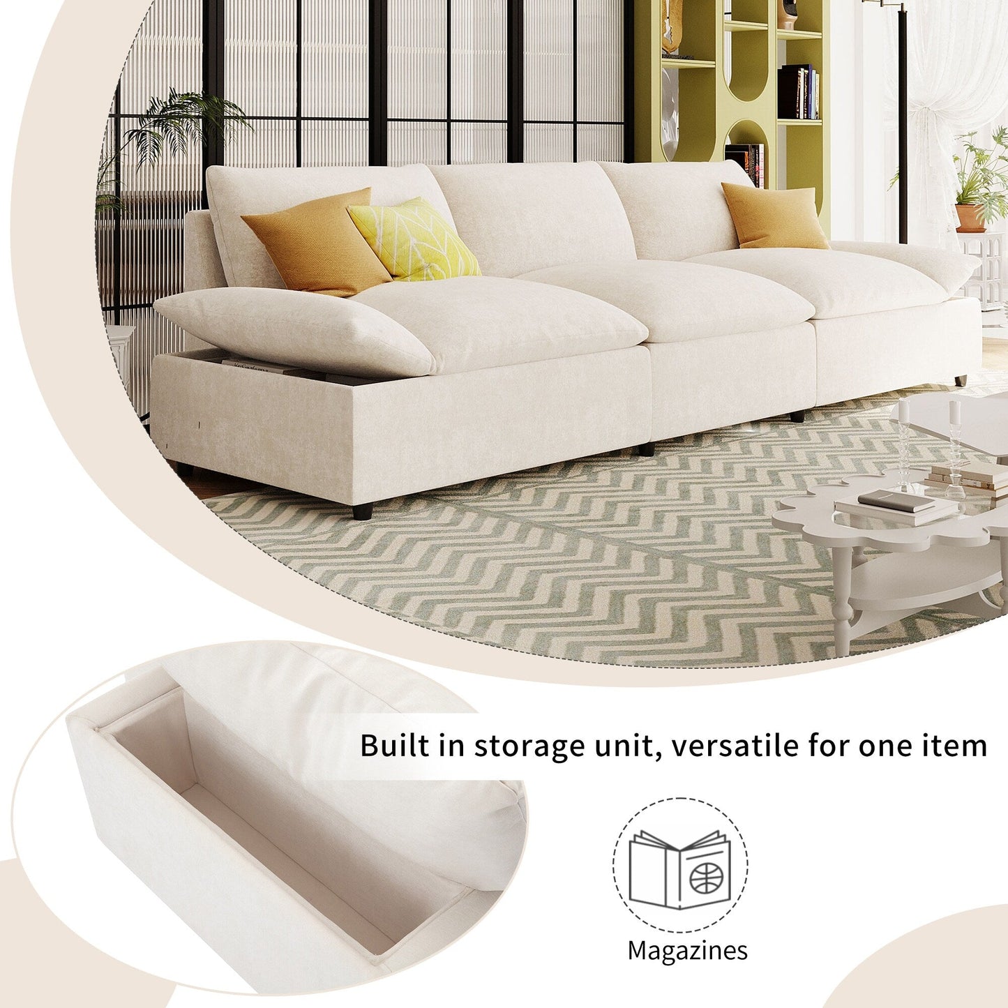 Beige 119.5 Large Polyester 3-seater Sofa with 2 Storage Units and Rubber Wood Legs for Living Room