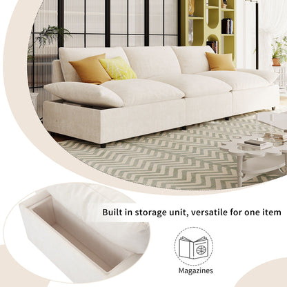 Beige 119.5 Large Polyester 3-seater Sofa with 2 Storage Units and Rubber Wood Legs for Living Room