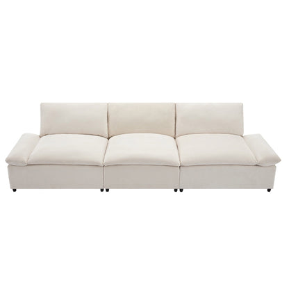 Beige 119.5 Large Polyester 3-seater Sofa with 2 Storage Units and Rubber Wood Legs for Living Room