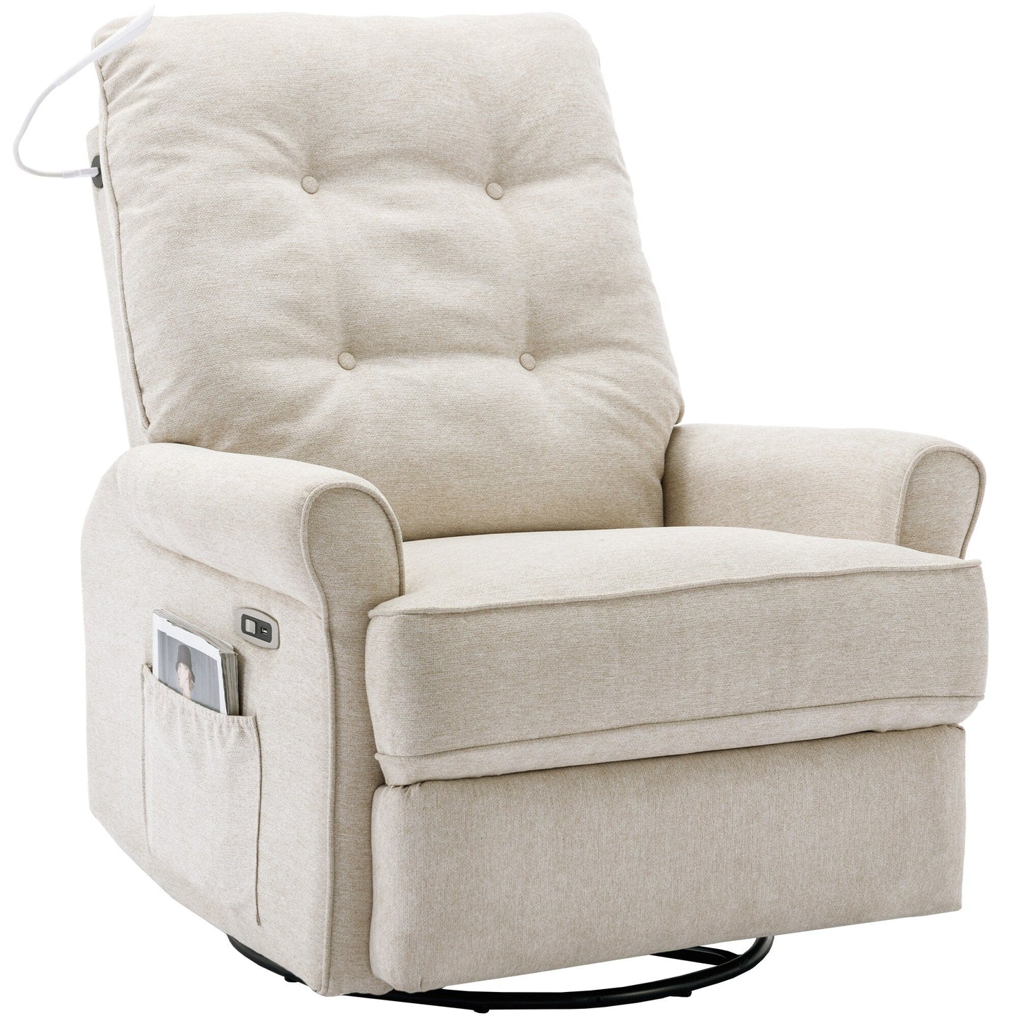 Beige 270Â° Swivel Recliner with USB Charging Ports, Touch Lamp, Rocking Base, and Side Storage Pocket