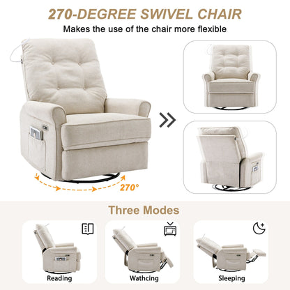 Beige 270° Swivel Recliner with USB Ports, Rockable Base, Side Pocket, and Touch Lamp for Home Use