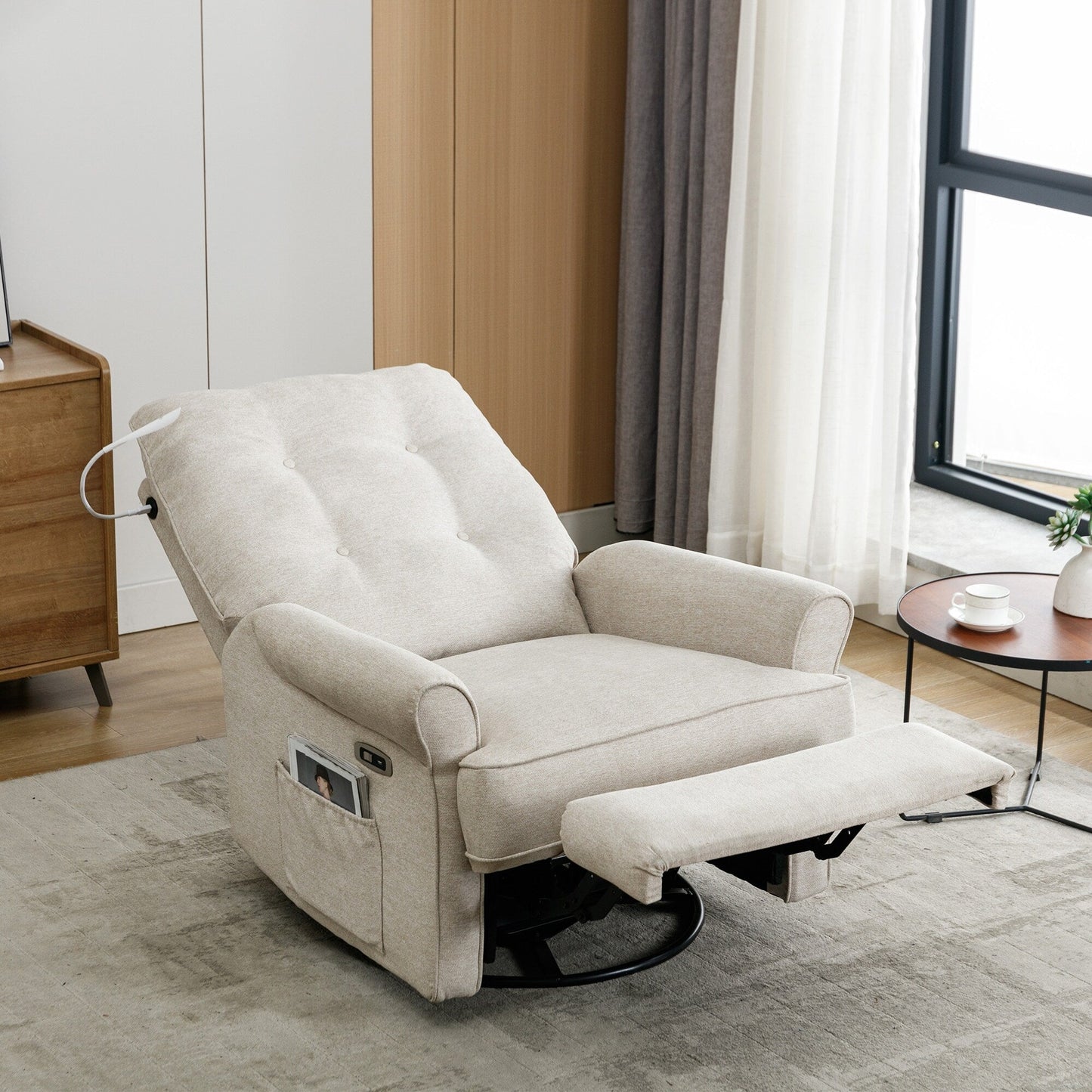 Beige 270Â° Swivel Recliner with USB Ports, Rocking Base, Side Pocket, and Touch Lamp for Home Use