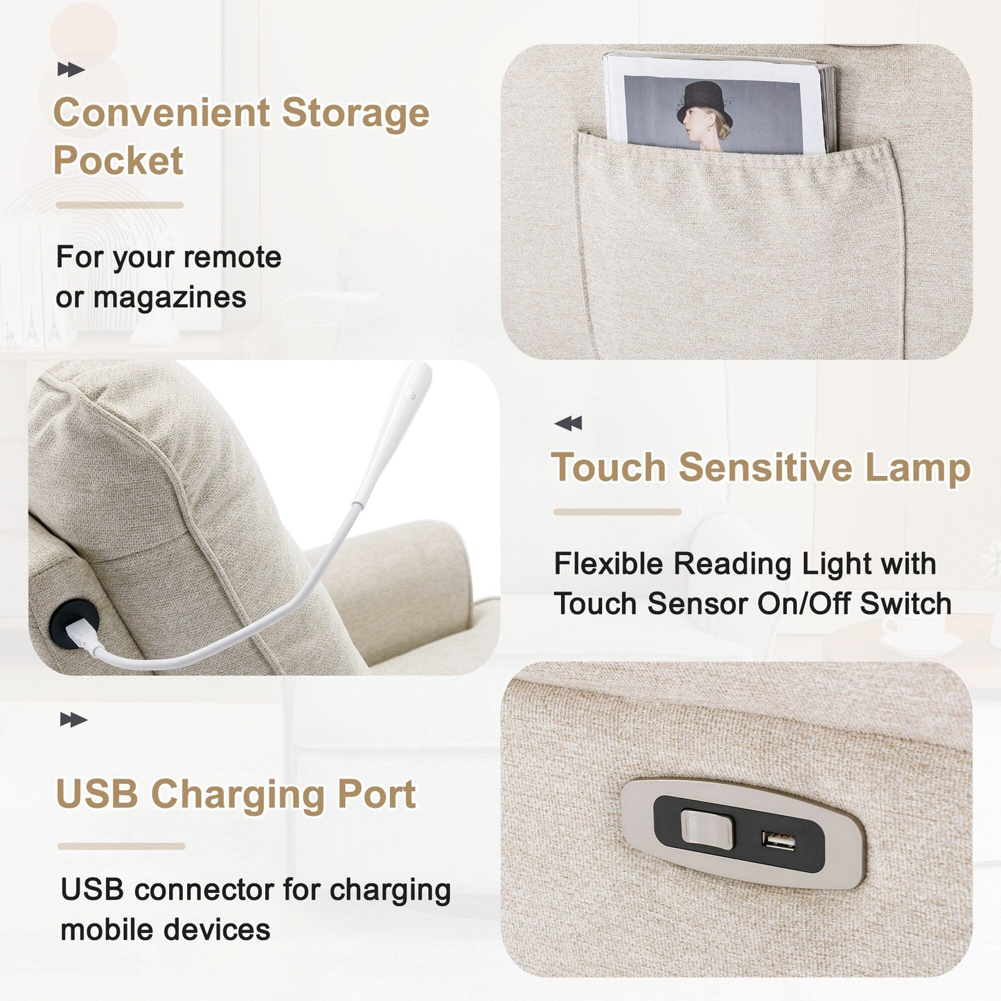 Beige 270Â° Swivel Recliner with USB Ports, Rocking Base, Side Pocket, and Touch Lamp for Home Use