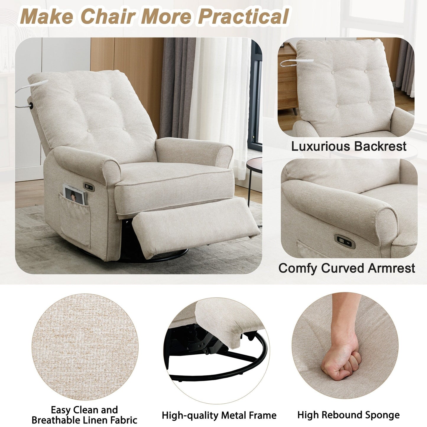 Beige 270Â° Swivel Recliner with USB Ports, Rocking Base, Side Pocket, and Touch Lamp for Home Use