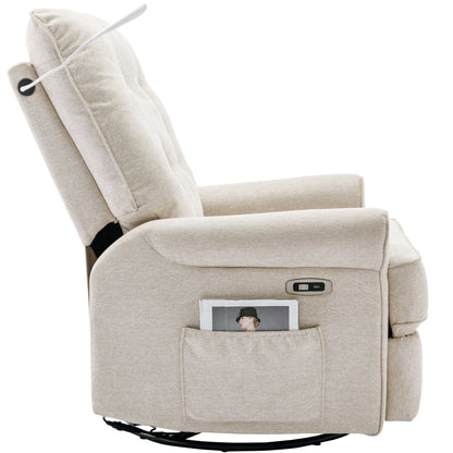 Beige 270Â° Swivel Recliner with USB Ports, Rocking Base, Side Pocket, and Touch Lamp for Home Use