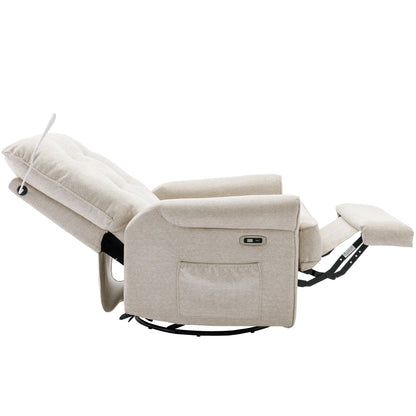 Beige 270° Swivel Recliner with USB, Rocking Base, and Side Pocket