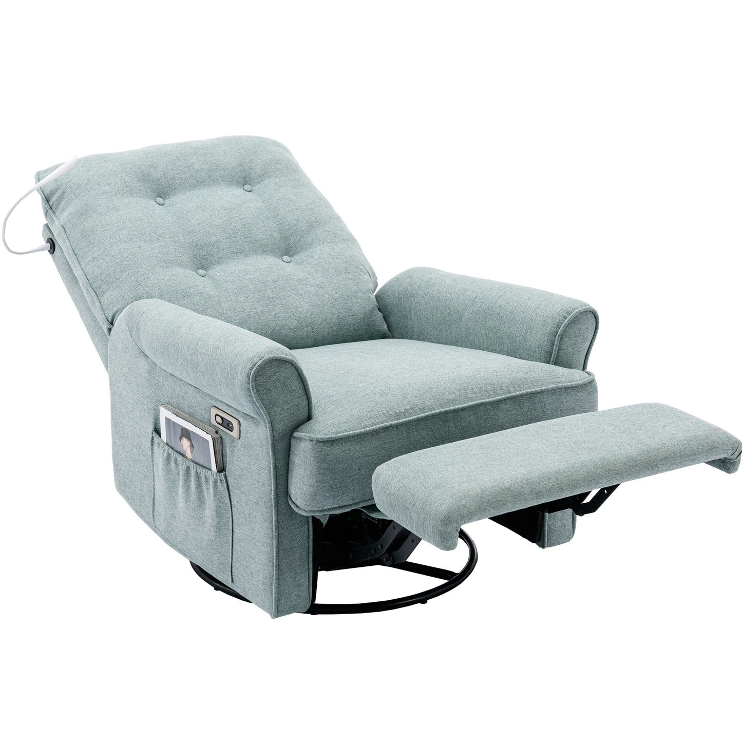 Beige 270° Swivel Recliner with USB, Rocking Base, and Side Pocket