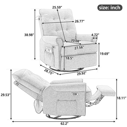Beige 270° Swivel Recliner with USB, Rocking Base, and Side Pocket