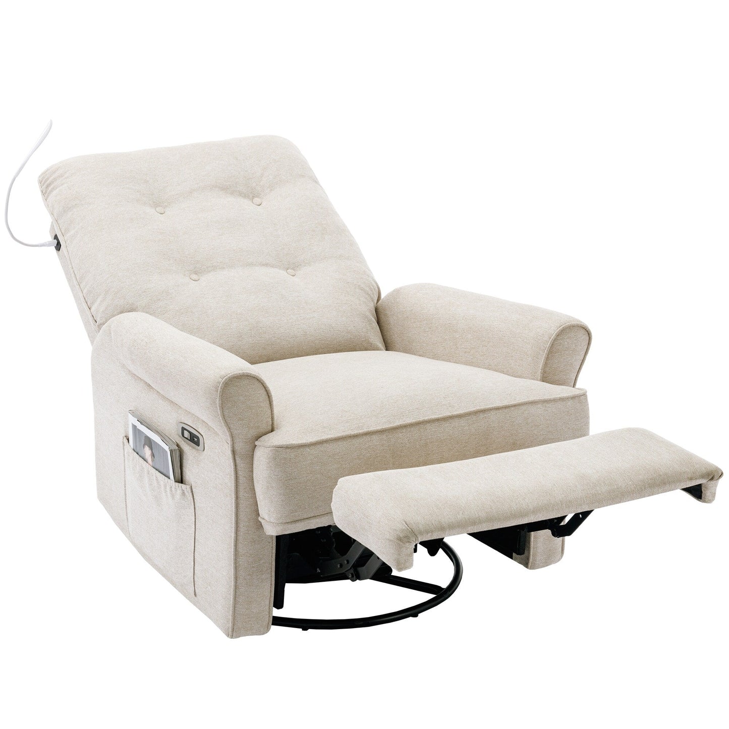 Beige 270° Swivel Recliner with USB, Rocking Base, and Side Pocket