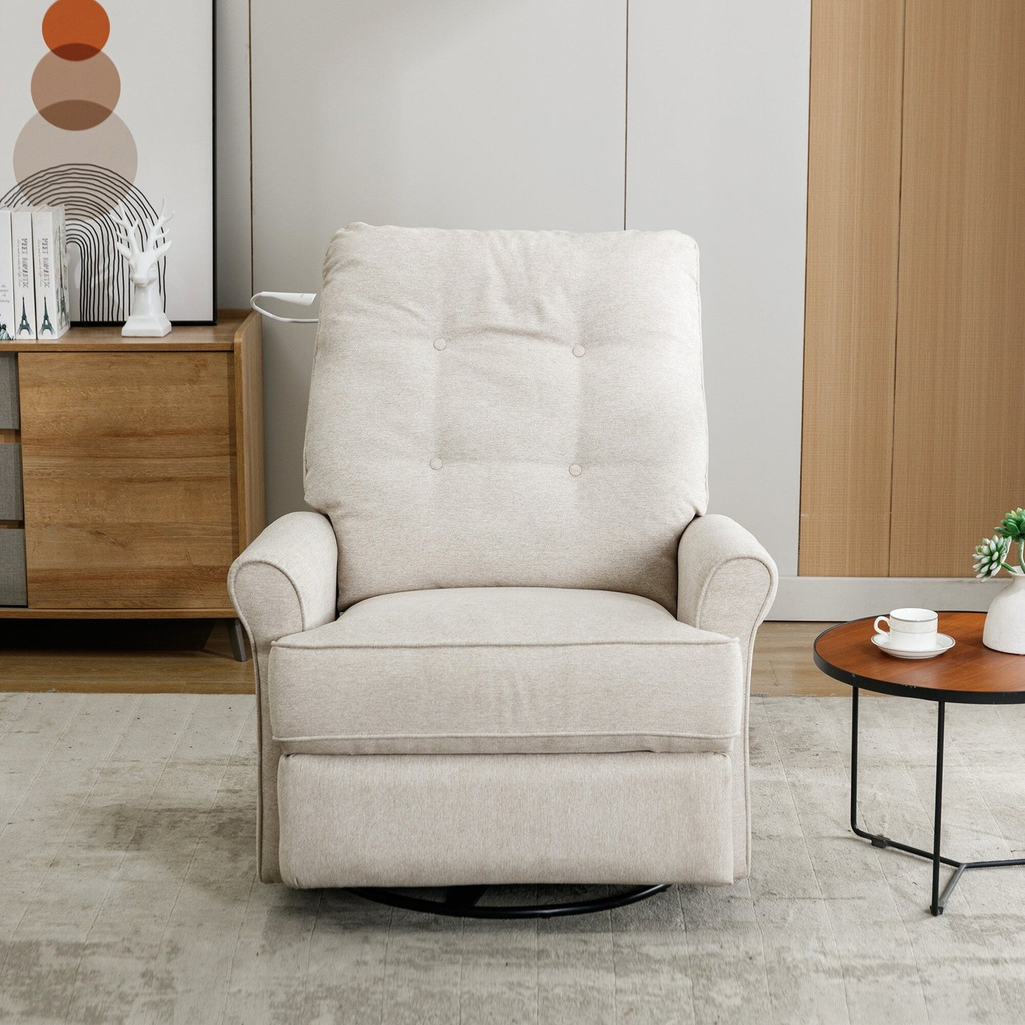 Beige 270° Swivel Recliner with USB, Rocking Base, and Side Pocket