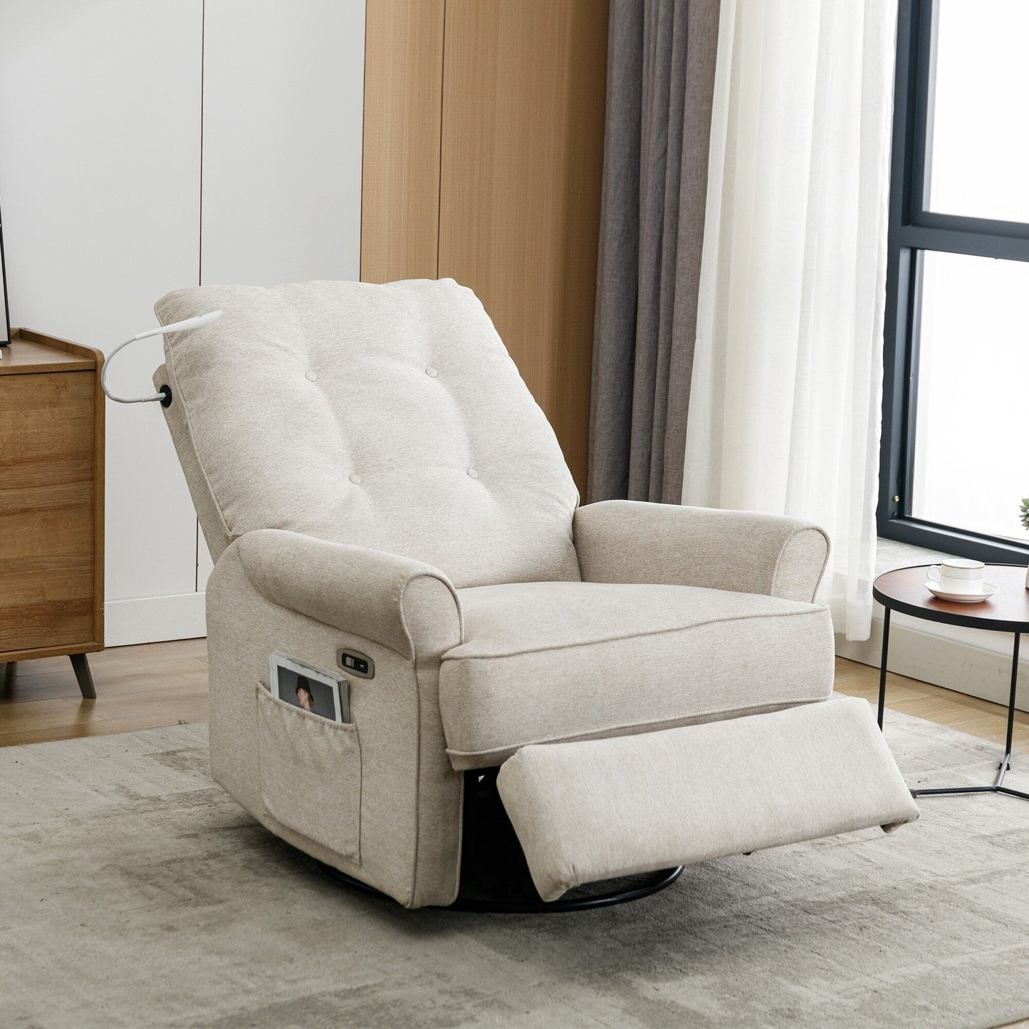 Beige 270° Swivel Recliner with USB, Rocking Base, and Side Pocket