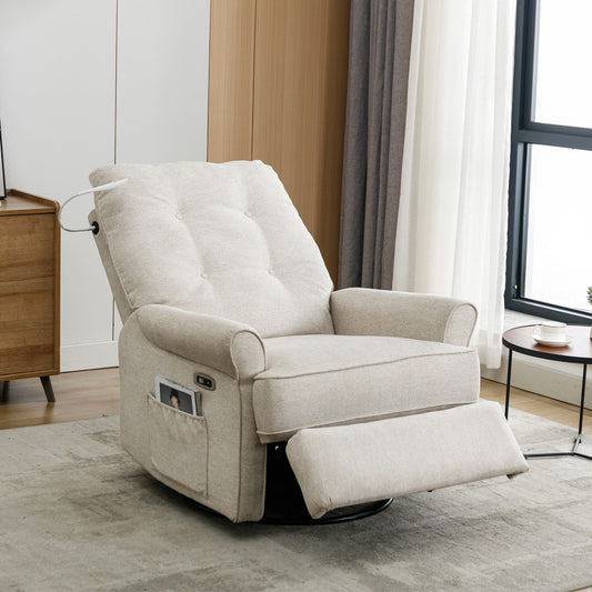 Beige 270° Swivel Recliner with USB, Rocking Base, and Side Pocket