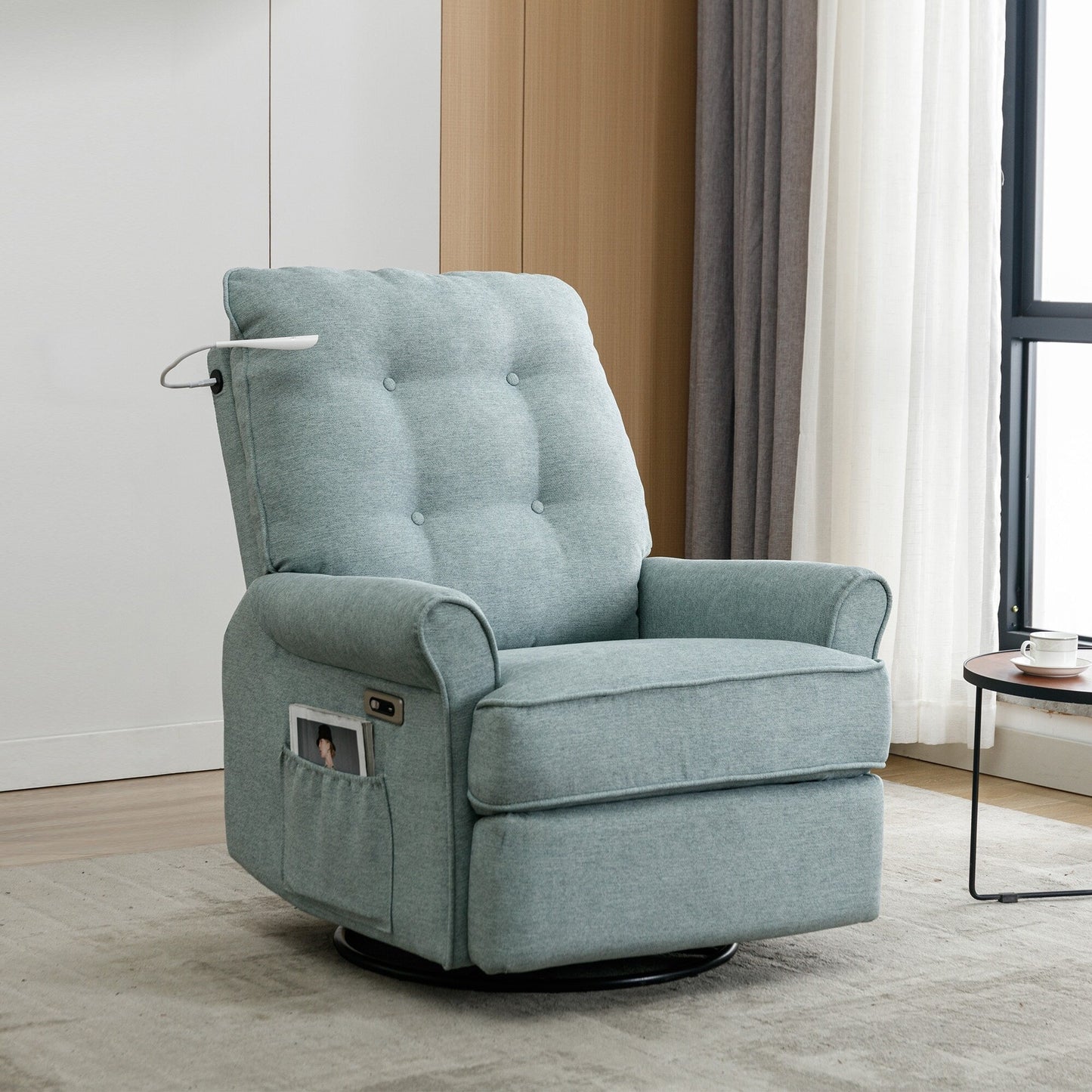 Beige 270° Swivel Recliner with USB, Rocking Base, and Side Pocket