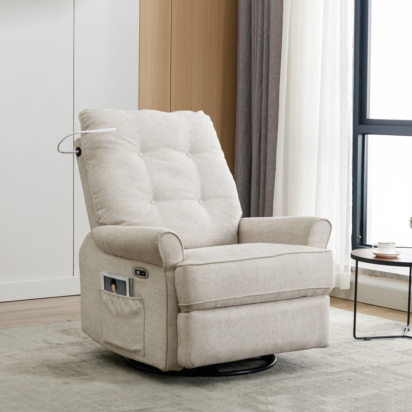 Beige 270° Swivel Recliner with USB, Rocking Base, and Side Pocket
