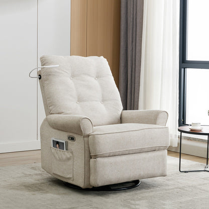 Beige 270° Swivel Recliner with USB, Rocking Base, and Side Pocket