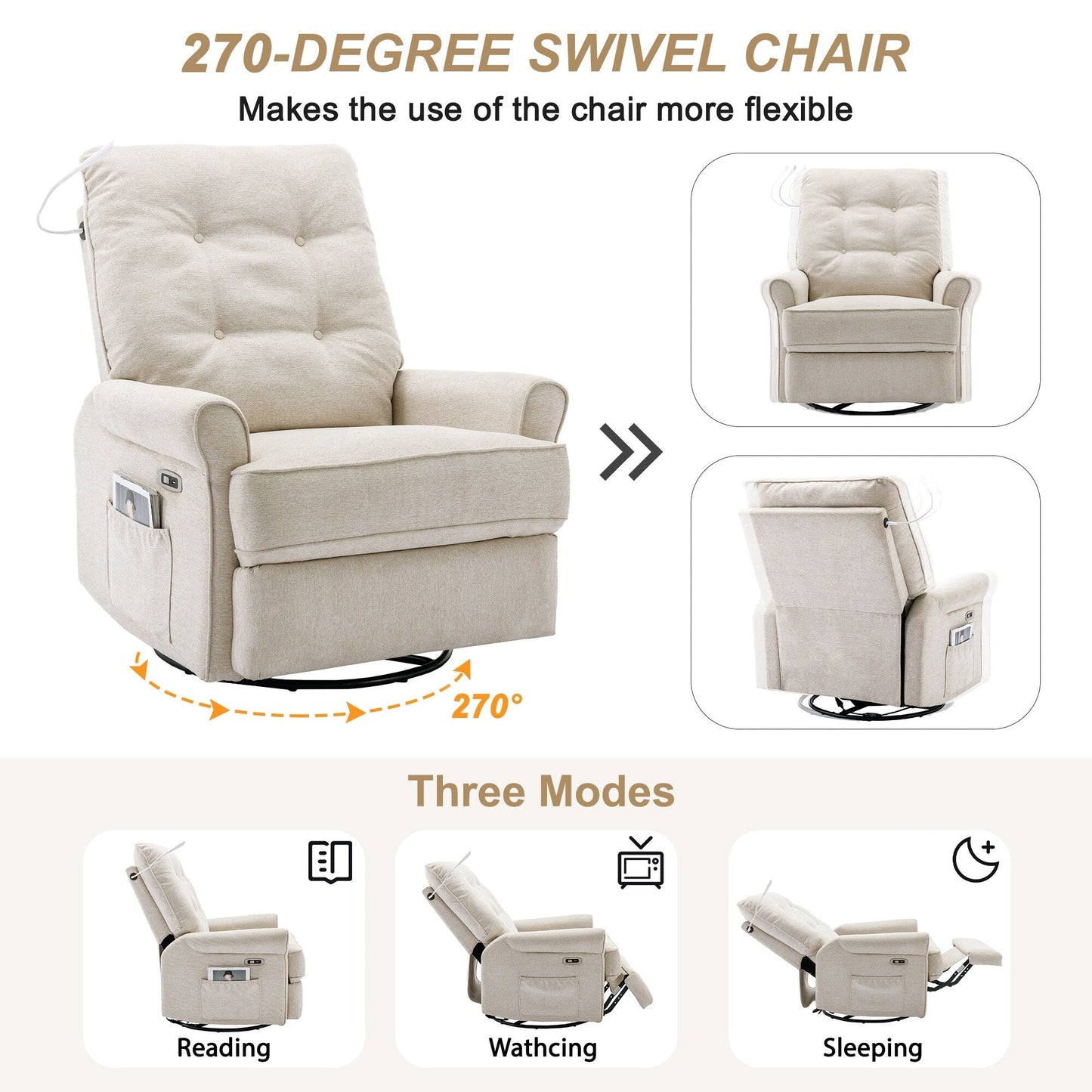 Beige 270° Swivel Recliner with USB, Rocking Base, and Side Pocket
