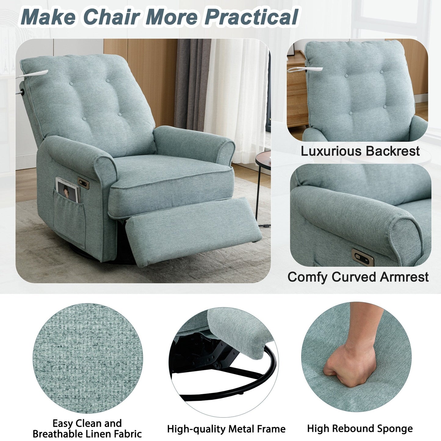 Beige 270° Swivel Recliner with USB, Rocking Base, and Side Pocket