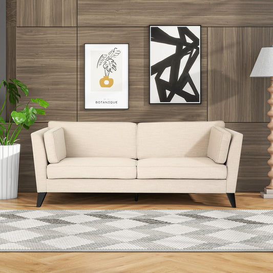 Beige 3-seater Sofa with Birch Wood Legs and Side Pillows
