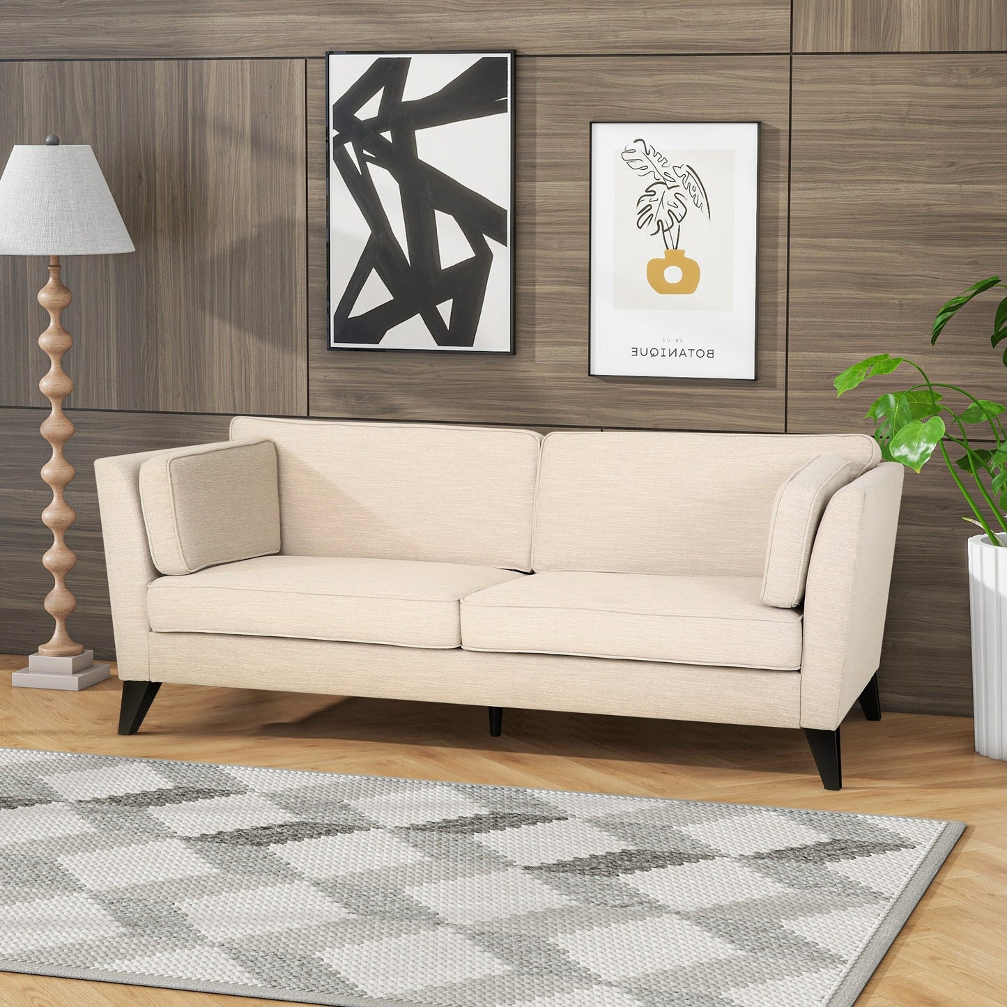 Beige 3-seater Sofa with Birch Wood Legs and Side Pillows