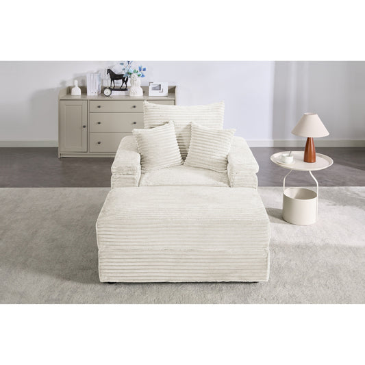 Beige 42.52 Corduroy Single Deep Seat Sofa with Removable Ottoman, Storage Armrest, 2 Toss Pillows