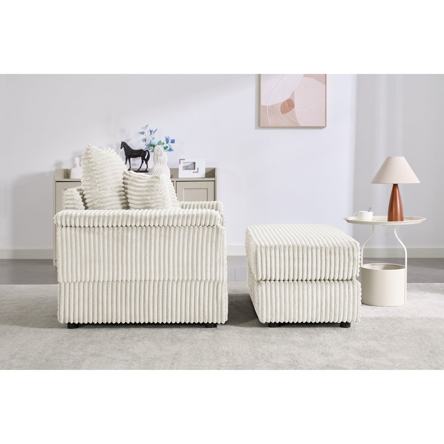Beige 42.52 Corduroy Single Deep Seat Sofa with Removable Ottoman, Storage Armrest, 2 Toss Pillows
