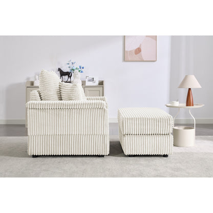Beige 42.52 Corduroy Single Deep Seat Sofa with Removable Ottoman, Storage Armrest, 2 Toss Pillows