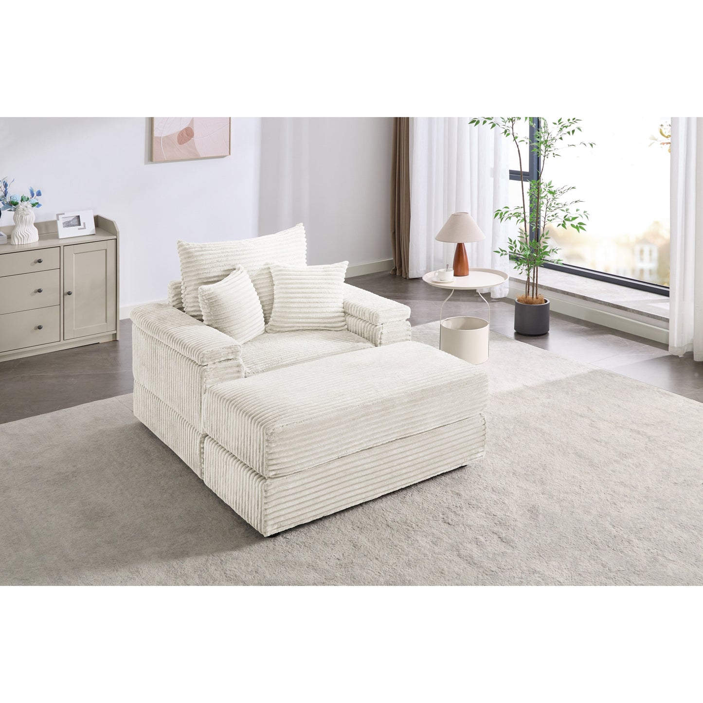 Beige 42.52 Corduroy Single Deep Seat Sofa with Removable Ottoman, Storage Armrest, 2 Toss Pillows