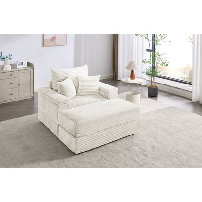 Beige 42.52 Corduroy Single Deep Seat Sofa with Removable Ottoman, Storage Armrest, 2 Toss Pillows