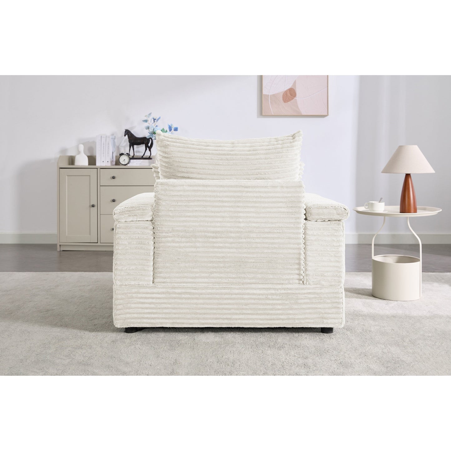Beige 42.52 Corduroy Single Deep Seat Sofa with Removable Ottoman, Storage Armrest, 2 Toss Pillows