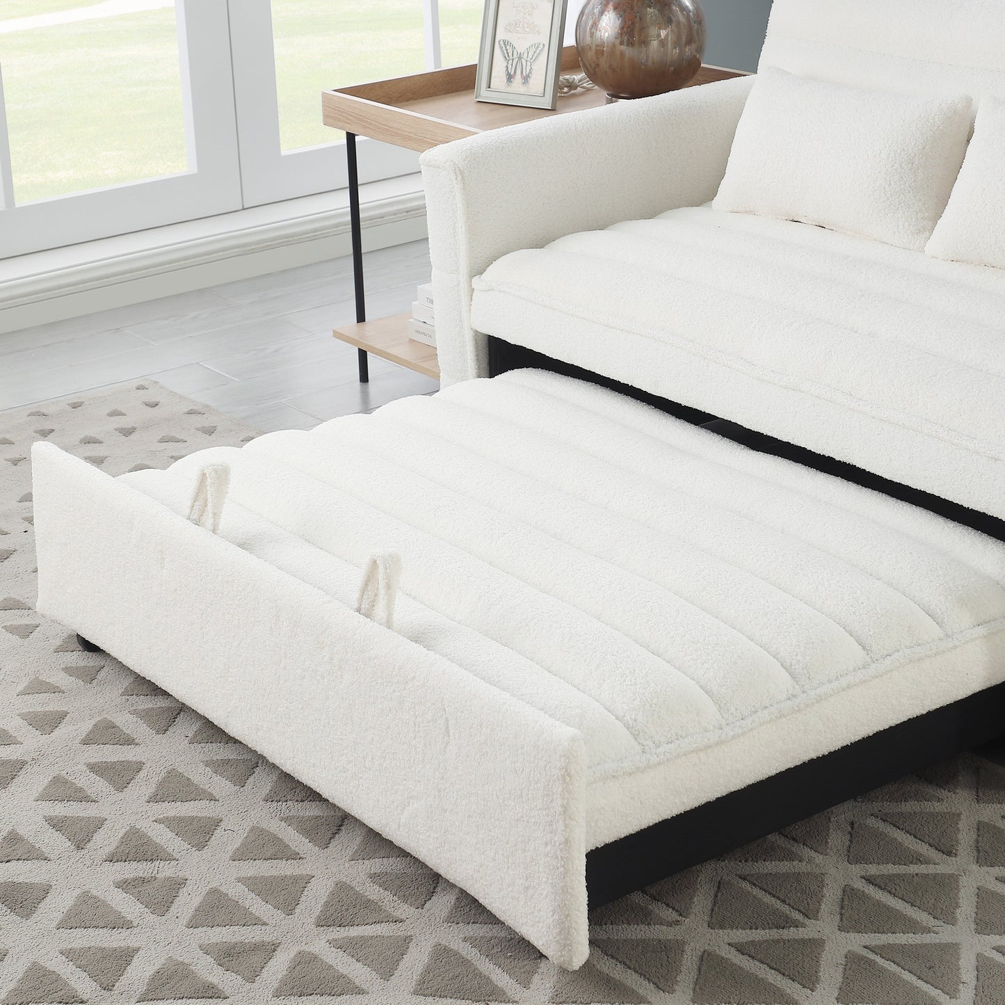 Beige 55.12 Boucle Loveseat Convertible Pull-Out Sofa Bed with Adjustable Back and 2 Waist Pillows for Living Room