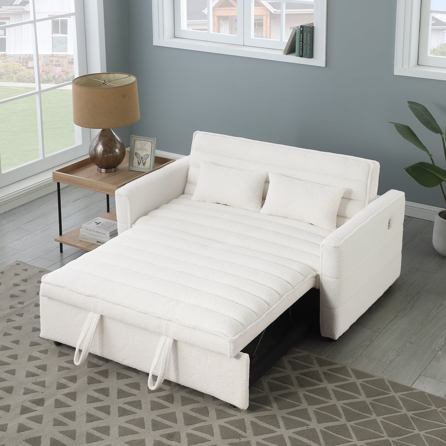 Beige 55.12 Boucle Loveseat Convertible Pull-Out Sofa Bed with Adjustable Back and 2 Waist Pillows for Living Room