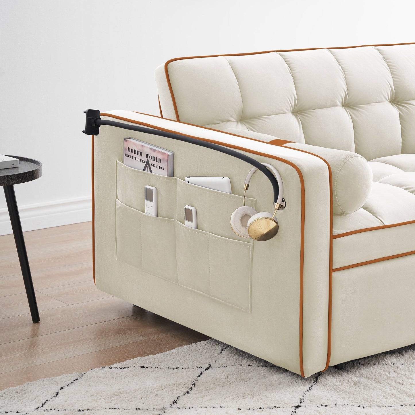 Beige 55'' Velvet Convertible 2-Seater Sleeper Sofa with Adjustable Recline, Pull-Out Bed, Side Pockets, and Phone Holder