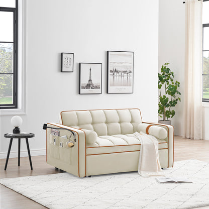 Beige 55'' Velvet Convertible 2-Seater Sleeper Sofa with Adjustable Recline, Pull-Out Bed, Side Pockets, and Phone Holder