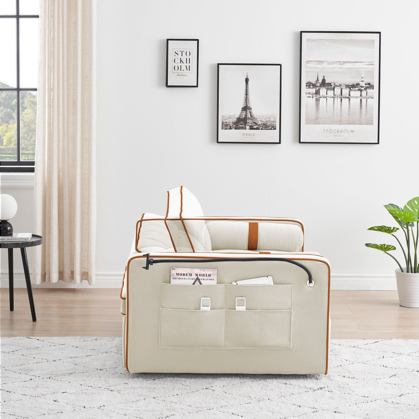 Beige 55'' Velvet Convertible 2-Seater Sleeper Sofa with Adjustable Recline, Pull-Out Bed, Side Pockets, and Phone Holder