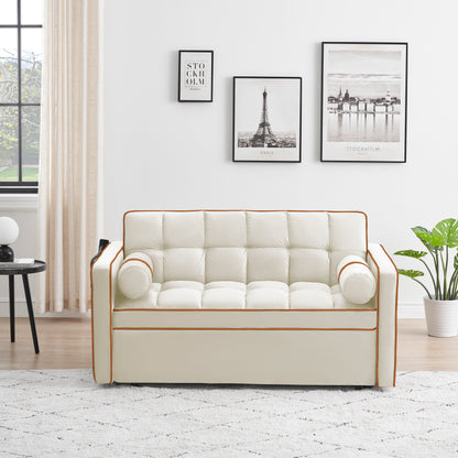 Beige 55'' Velvet Convertible 2-Seater Sleeper Sofa with Adjustable Recline, Pull-Out Bed, Side Pockets, and Phone Holder