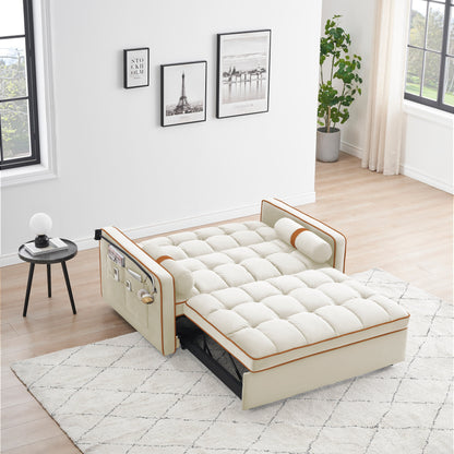 Beige 55'' Velvet Convertible 2-Seater Sleeper Sofa with Adjustable Recline, Pull-Out Bed, Side Pockets, and Phone Holder
