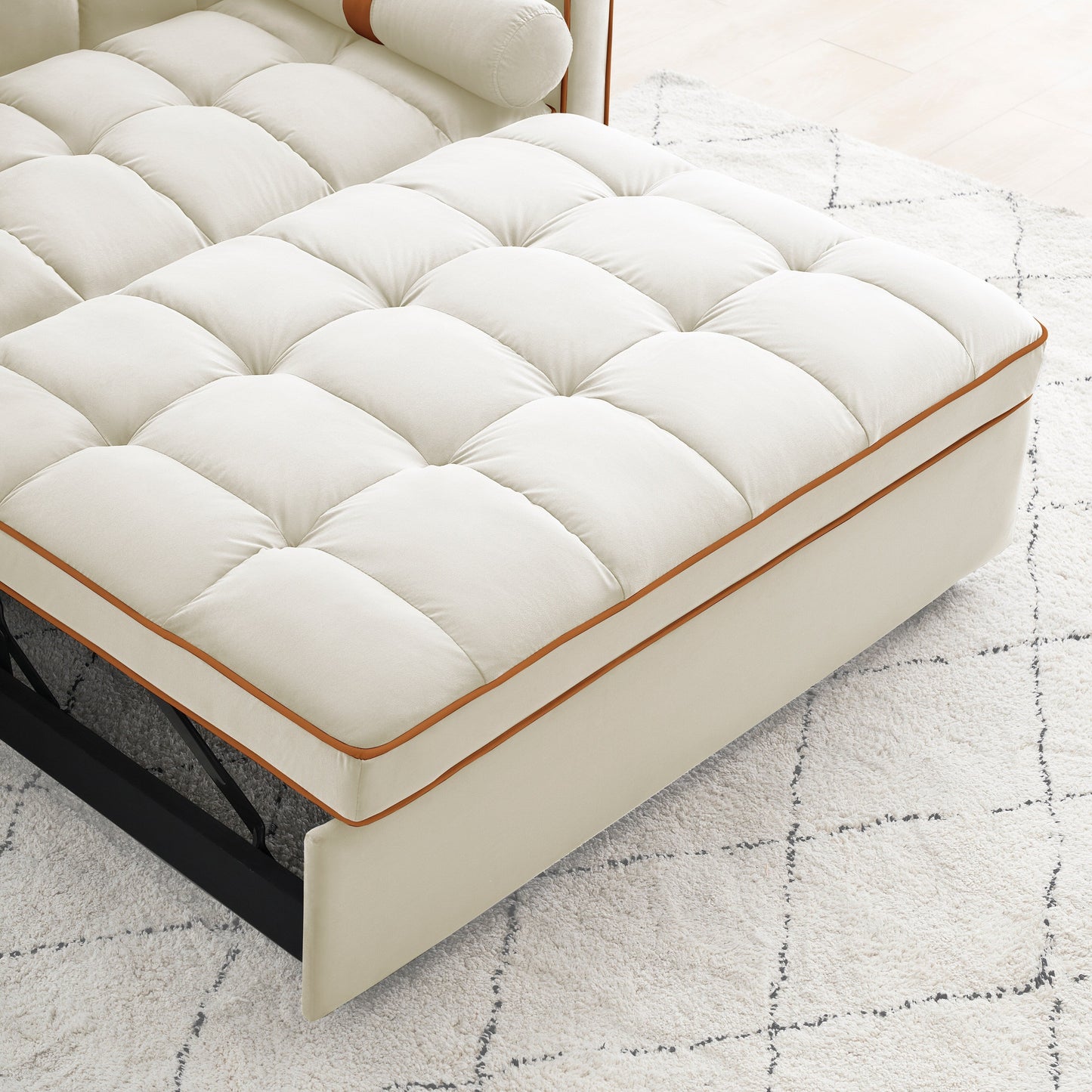 Beige 55'' Velvet Convertible 2-Seater Sleeper Sofa with Adjustable Recline, Pull-Out Bed, Side Pockets, and Phone Holder