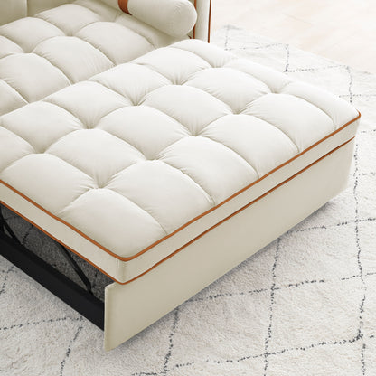 Beige 55'' Velvet Convertible 2-Seater Sleeper Sofa with Adjustable Recline, Pull-Out Bed, Side Pockets, and Phone Holder